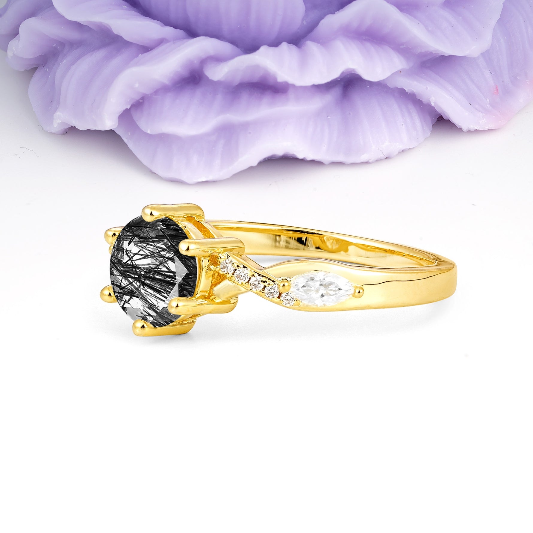 Unique Intertwined 6-Prong Round Cut Black Rutilated Quartz Engagement Ring - Additional view