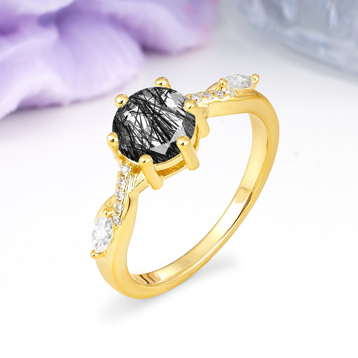 Unique Intertwined 6-Prong Round Cut Black Rutilated Quartz Engagement Ring - Additional view
