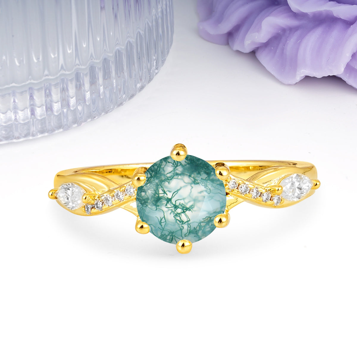 Unique Intertwined 6-Prong Round Cut Moss Agate Engagement Ring - Additional view