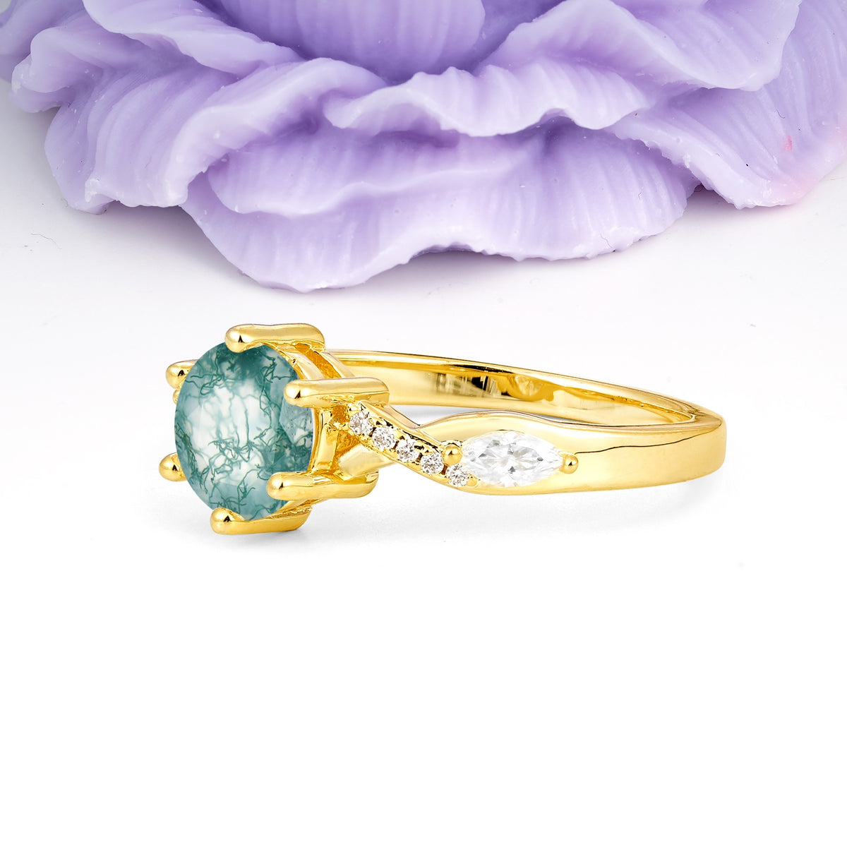 Unique Intertwined 6-Prong Round Cut Moss Agate Engagement Ring - Additional view