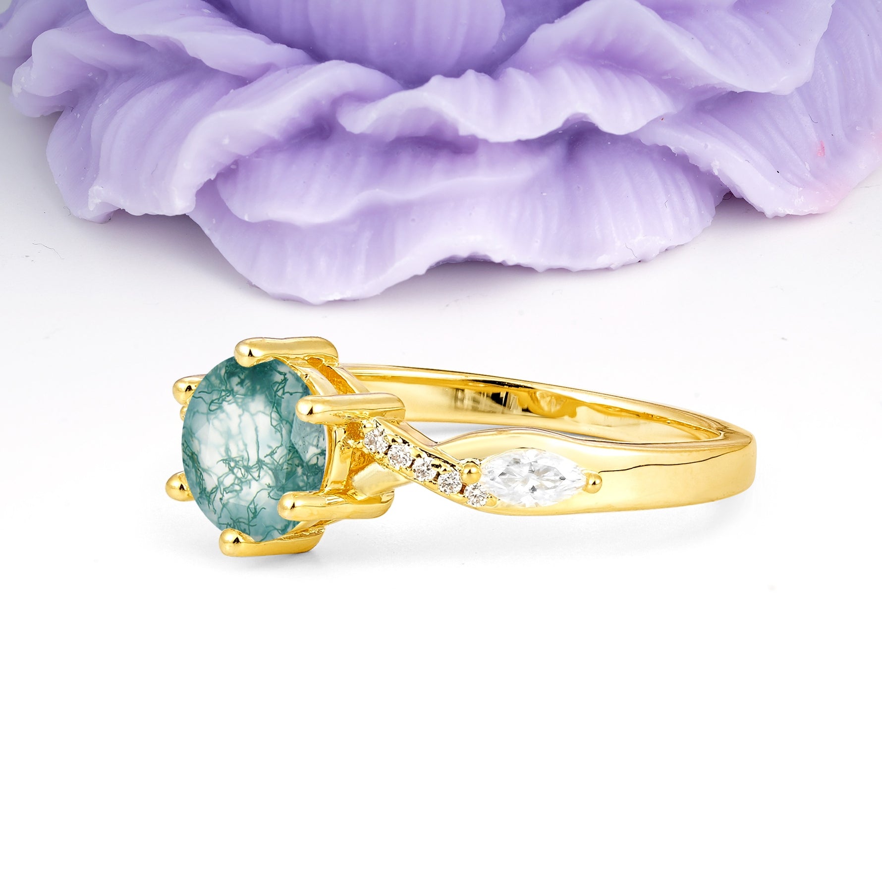 Unique Intertwined 6-Prong Round Cut Moss Agate Engagement Ring - Additional view