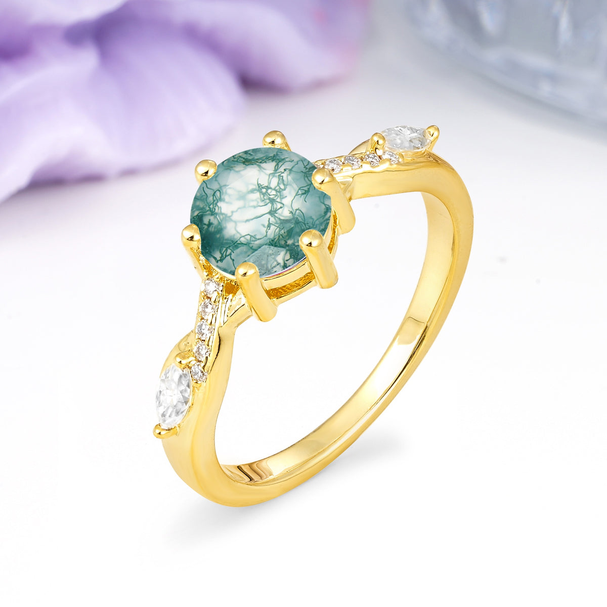 Unique Intertwined 6-Prong Round Cut Moss Agate Engagement Ring - Additional view