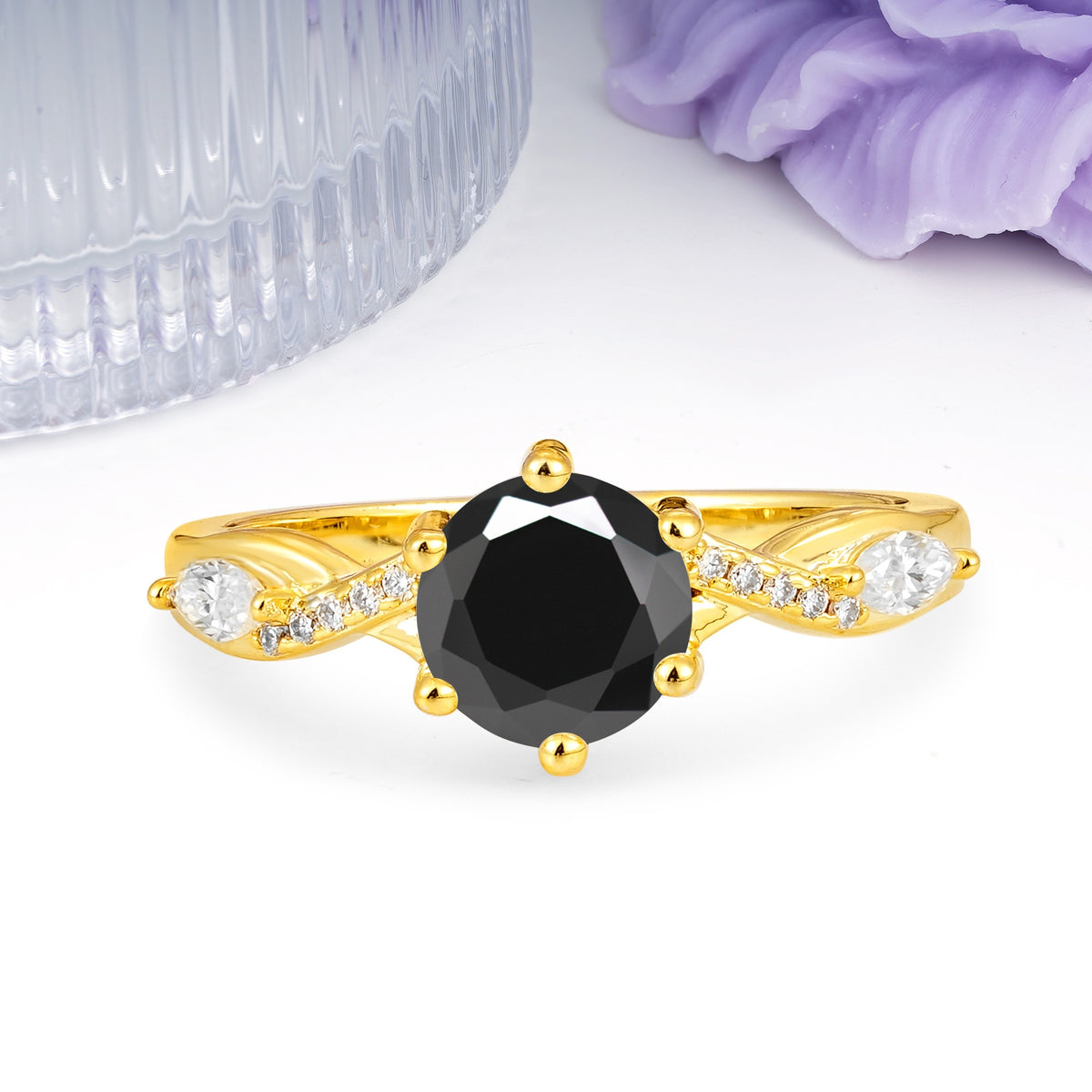 Unique Intertwined 6-Prong Round Cut Black Onyx Engagement Ring - Additional view