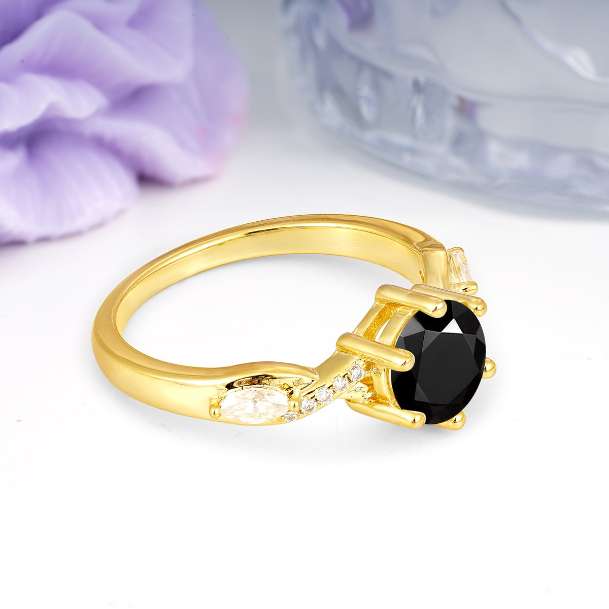 Unique Intertwined 6-Prong Round Cut Black Onyx Engagement Ring - Additional view