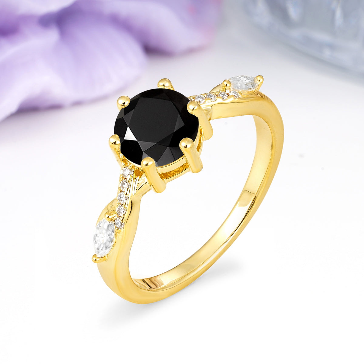 Unique Intertwined 6-Prong Round Cut Black Onyx Engagement Ring - Additional view