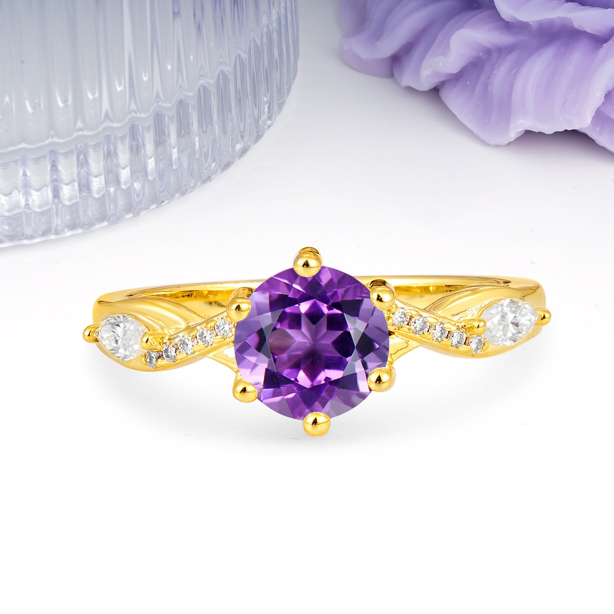 Unique Intertwined 6-Prong Round Cut Amethyst Engagement Ring - Additional view