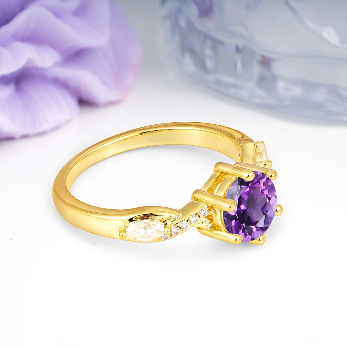 Unique Intertwined 6-Prong Round Cut Amethyst Engagement Ring - Additional view