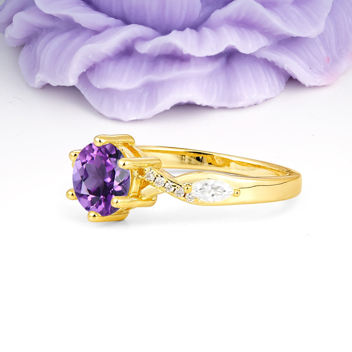 Unique Intertwined 6-Prong Round Cut Amethyst Engagement Ring - Additional view