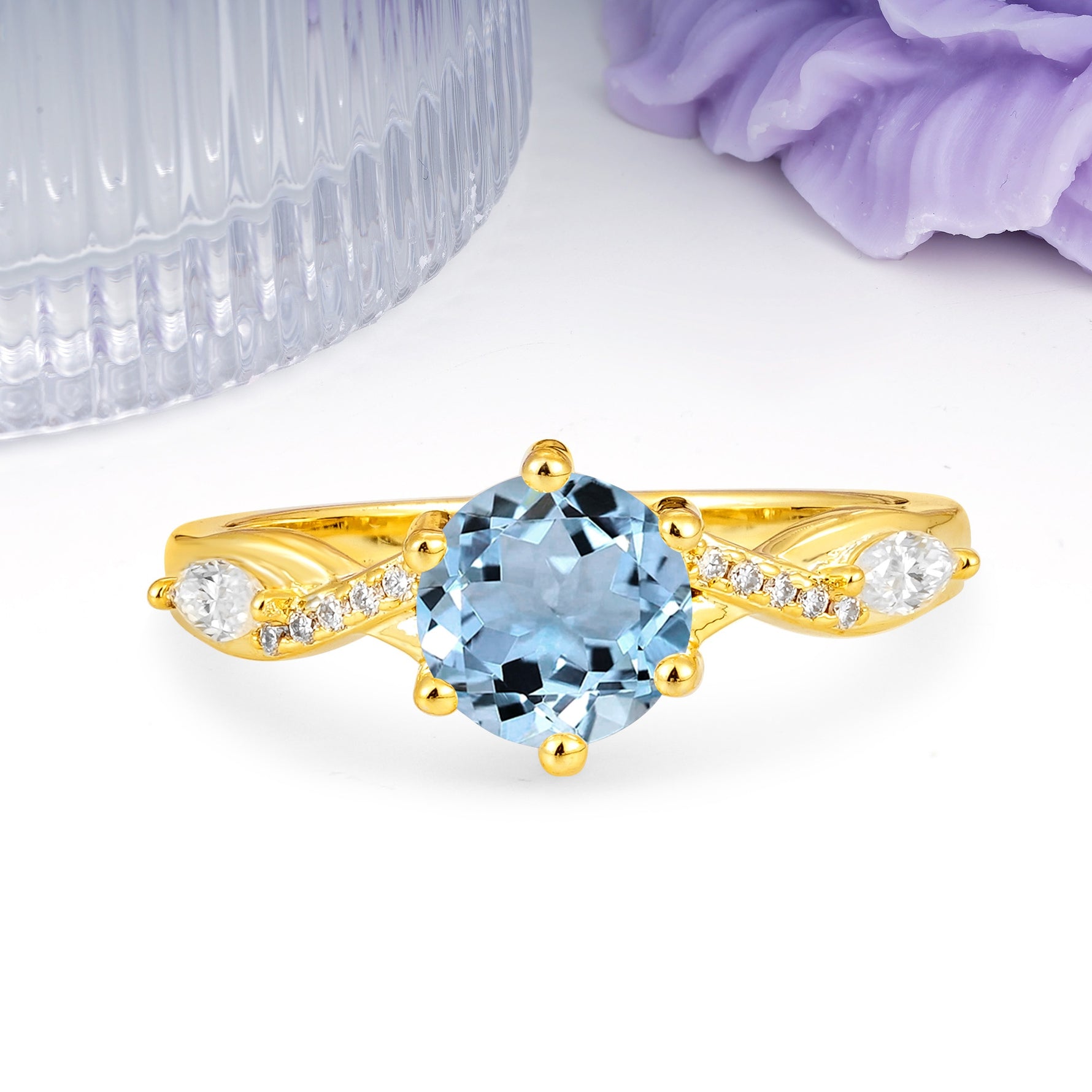 Unique Intertwined 6-Prong Round Cut Aquamarine Engagement Ring - Additional view