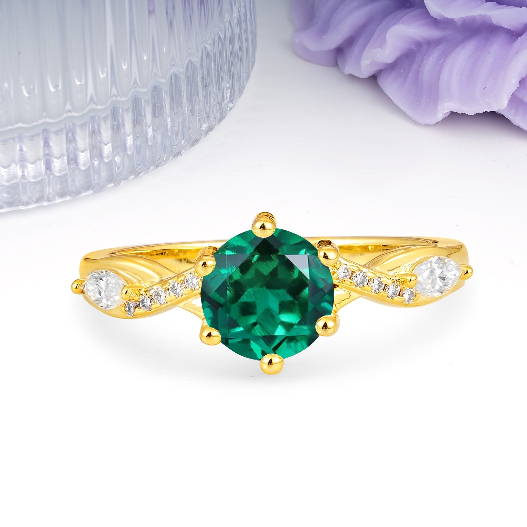 Unique Intertwined 6-Prong Round Cut Emerald Engagement Ring - Additional view