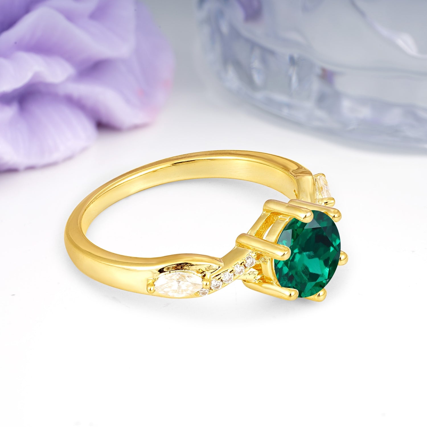 Unique Intertwined 6-Prong Round Cut Emerald Engagement Ring - Additional view