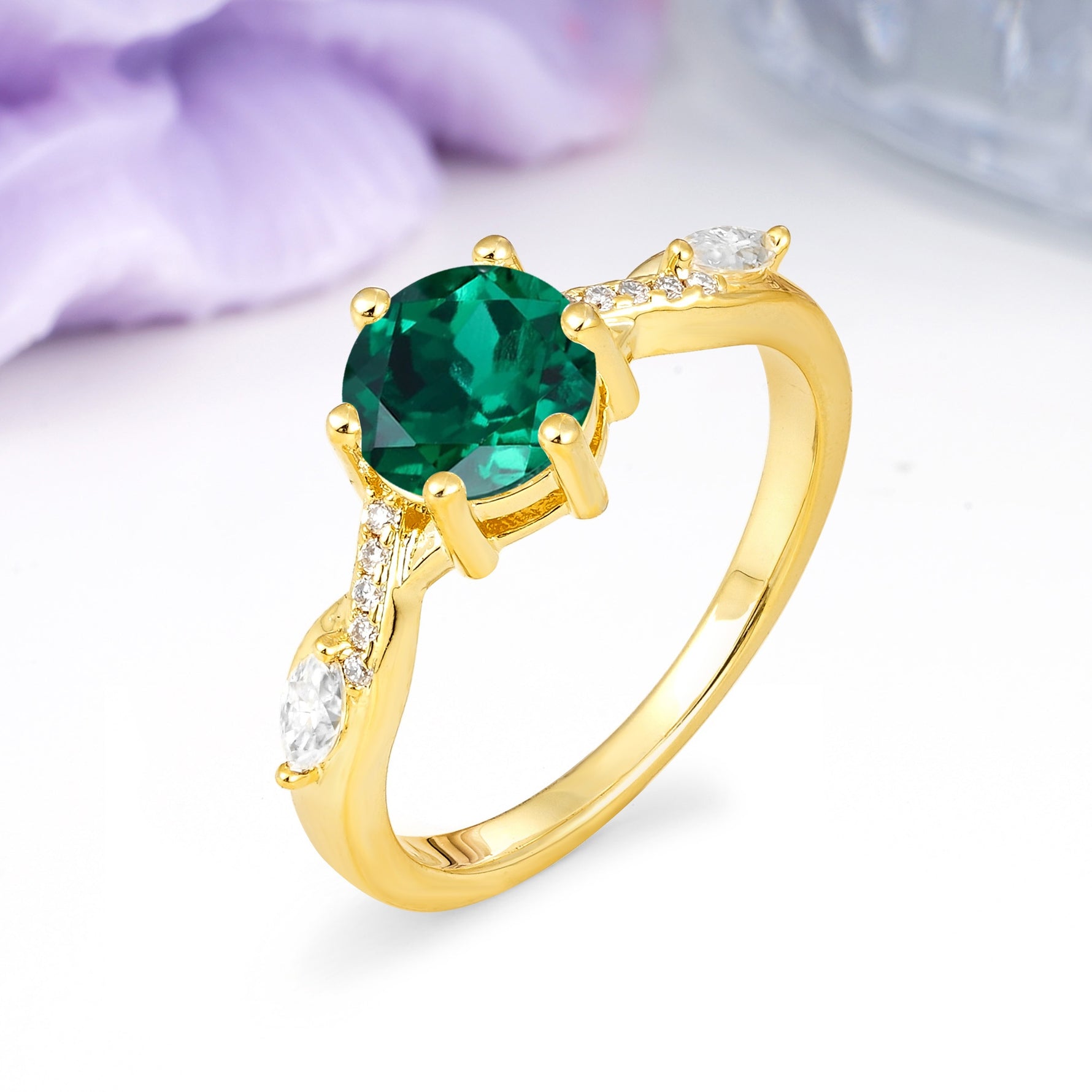 Unique Intertwined 6-Prong Round Cut Emerald Engagement Ring - Additional view