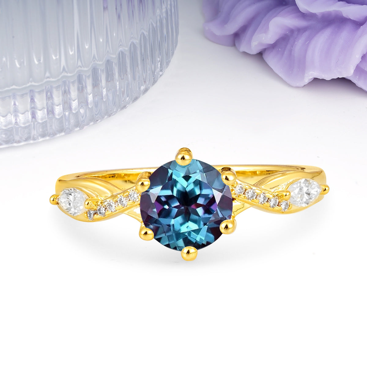 Unique Intertwined 6-Prong Round Cut Alexandrite Engagement Ring - Additional view