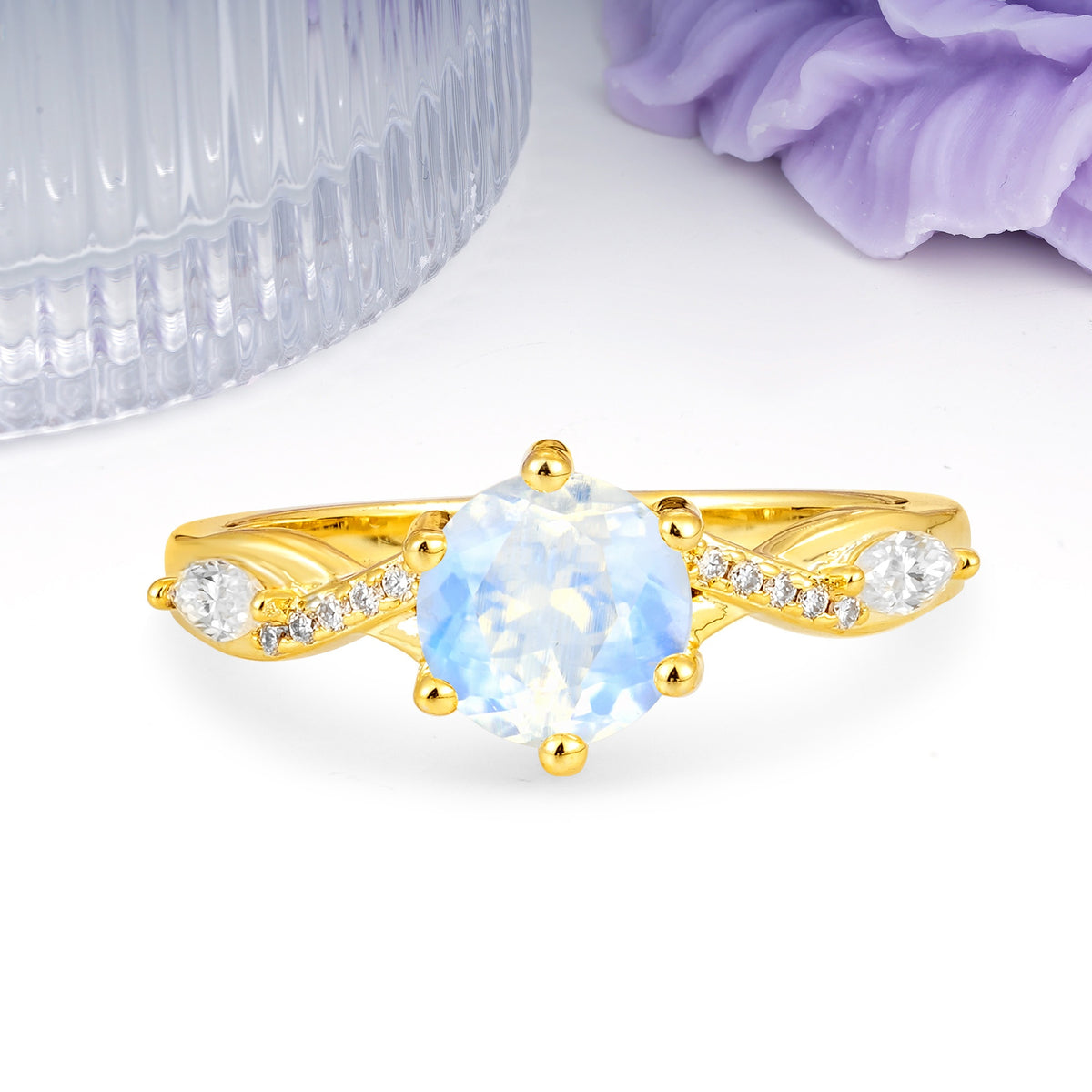 Unique Intertwined 6-Prong Round Cut Moonstone Engagement Ring - Additional view