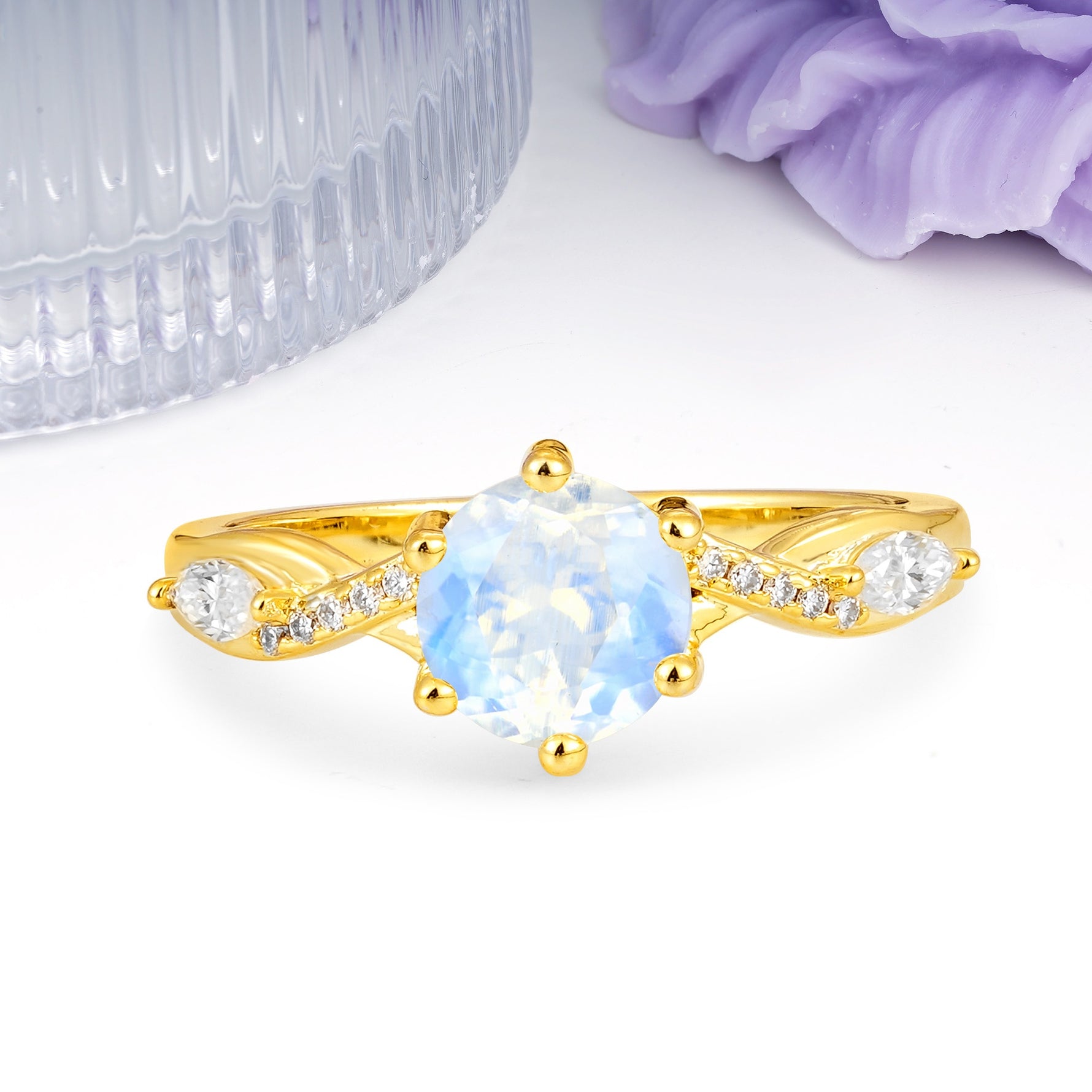 Unique Intertwined 6-Prong Round Cut Moonstone Engagement Ring - Additional view