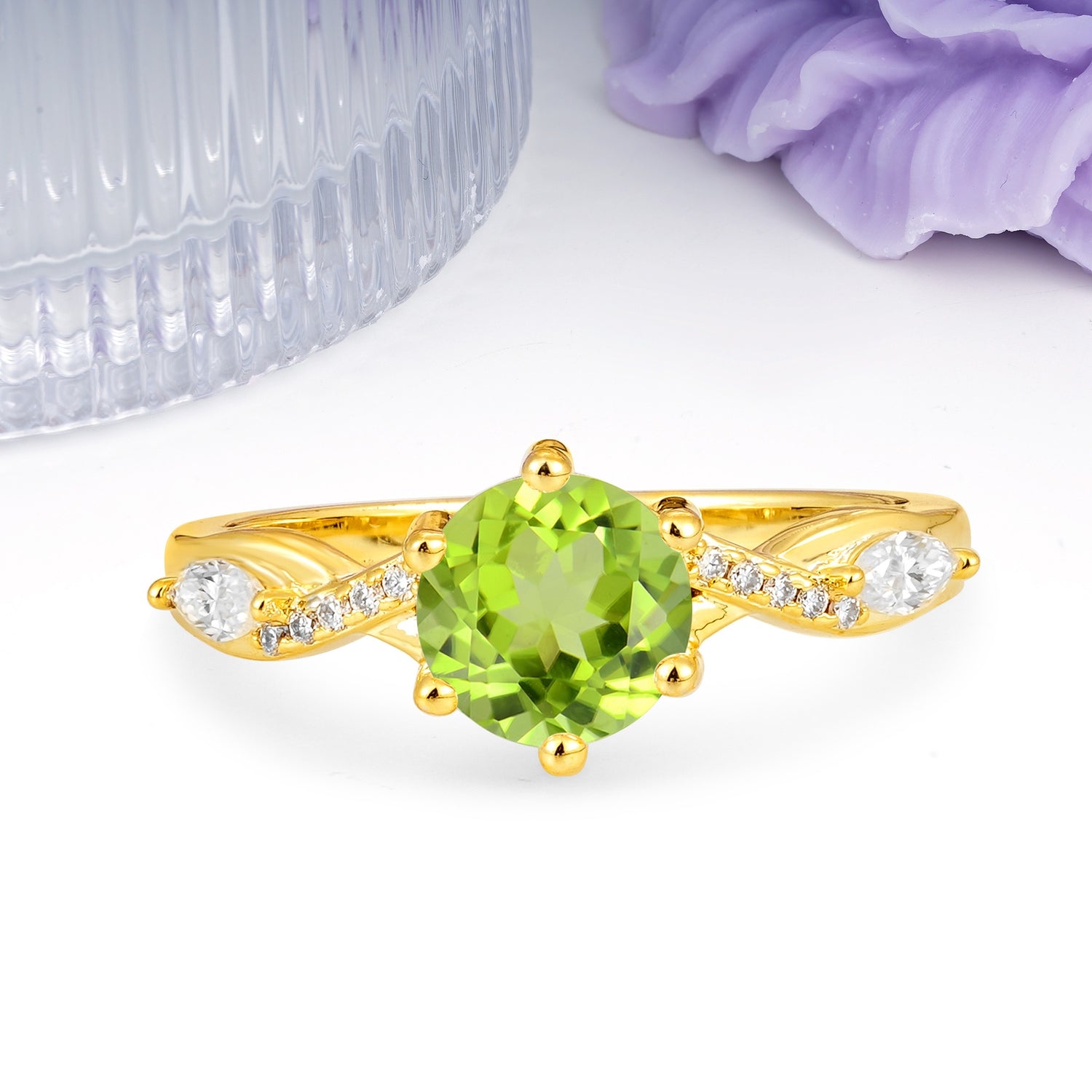 Unique Intertwined 6-Prong Round Cut Peridot Engagement Ring - Additional view