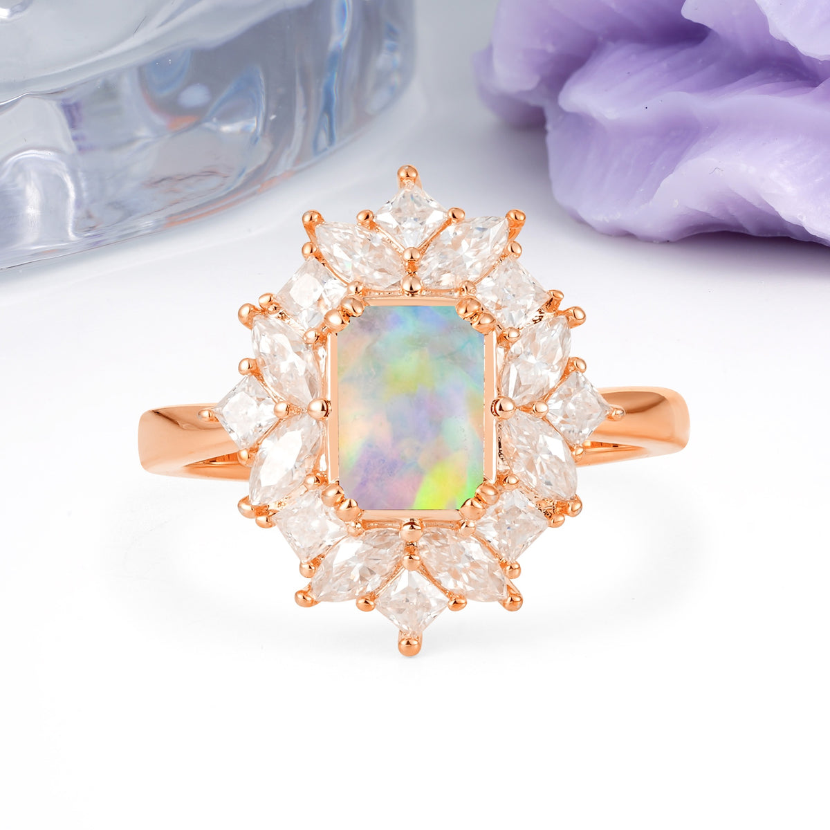 Unique & Classic 12-Prong Emerald Cut Fire Opal Engagement Ring - Additional view