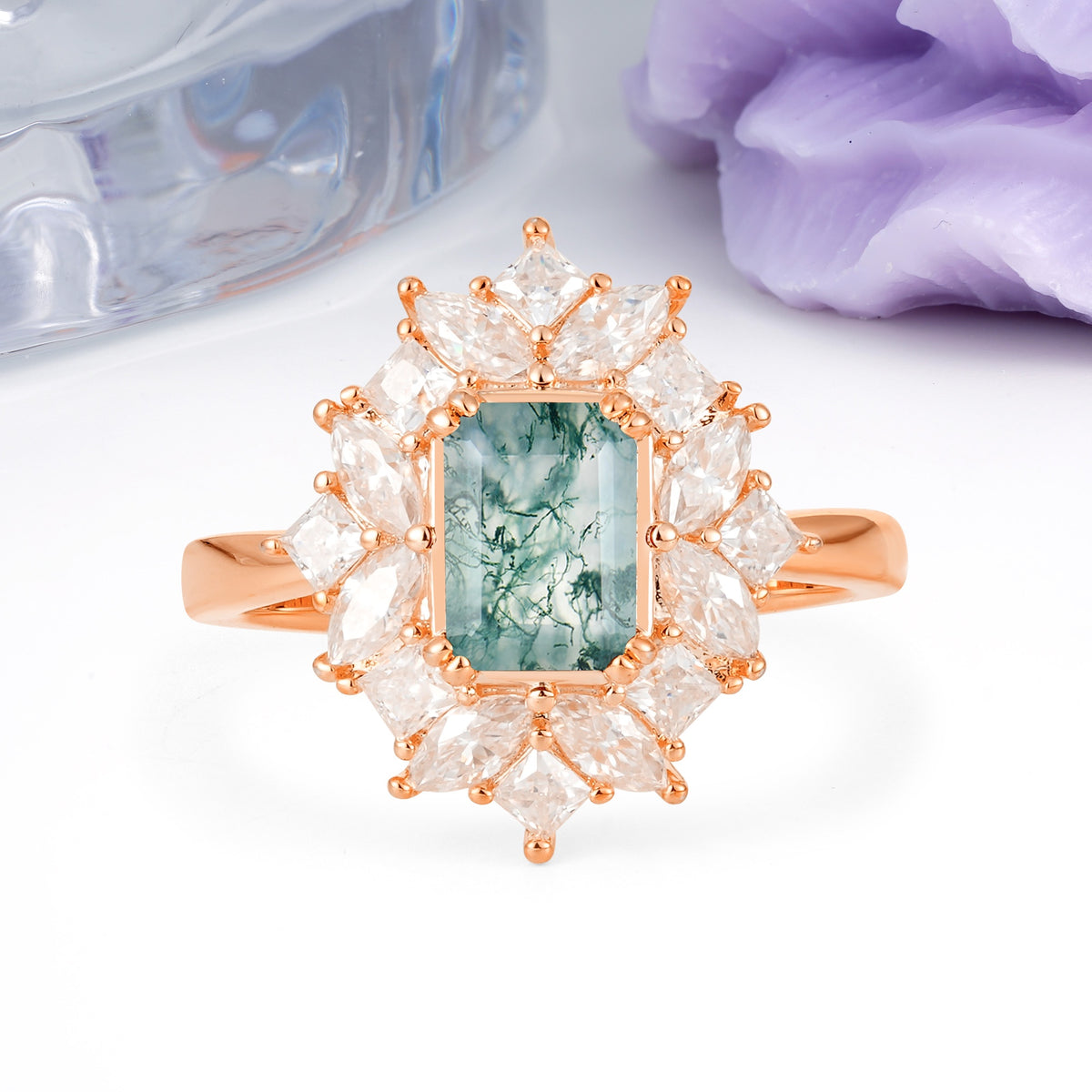 Unique & Classic 12-Prong Emerald Cut Moss Agate Engagement Ring - Additional view