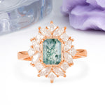 Unique & Classic 12-Prong Emerald Cut Moss Agate Engagement Ring - Additional view