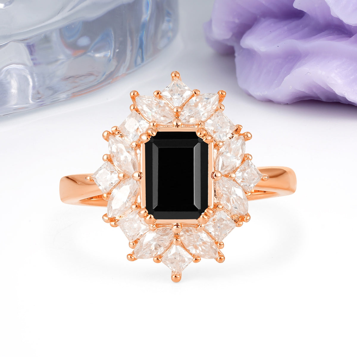 Unique & Classic 12-Prong Emerald Cut Black Onyx Engagement Ring - Additional view