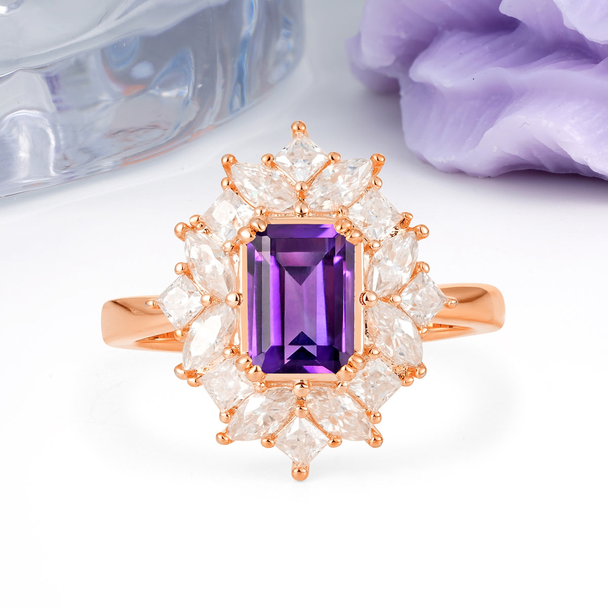 Unique & Classic 12-Prong Emerald Cut Amethyst Engagement Ring - Additional view