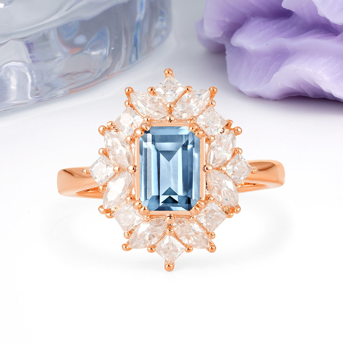 Unique & Classic 12-Prong Emerald Cut Aquamarine Engagement Ring - Additional view