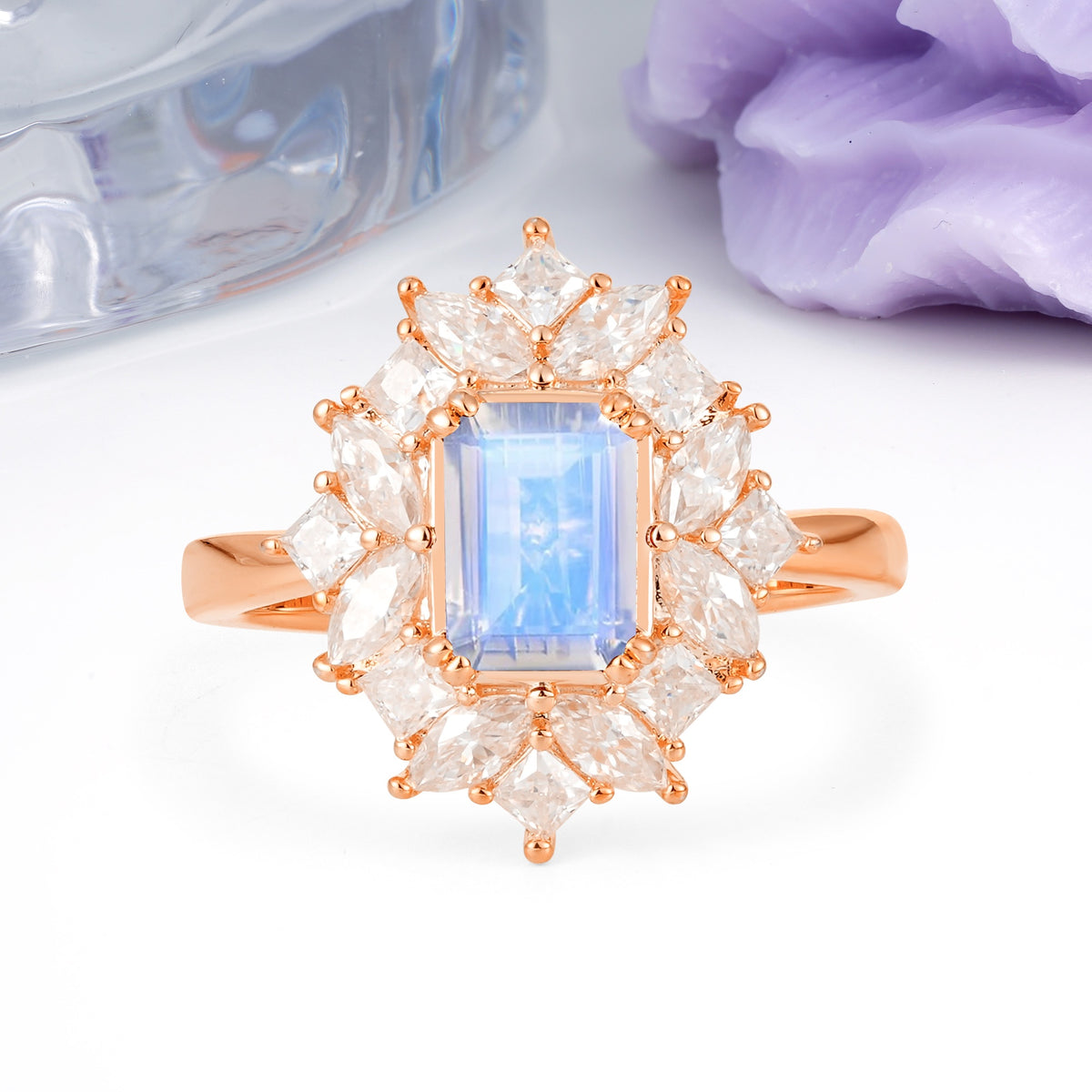 Unique & Classic 12-Prong Emerald Cut Moonstone Engagement Ring - Additional view