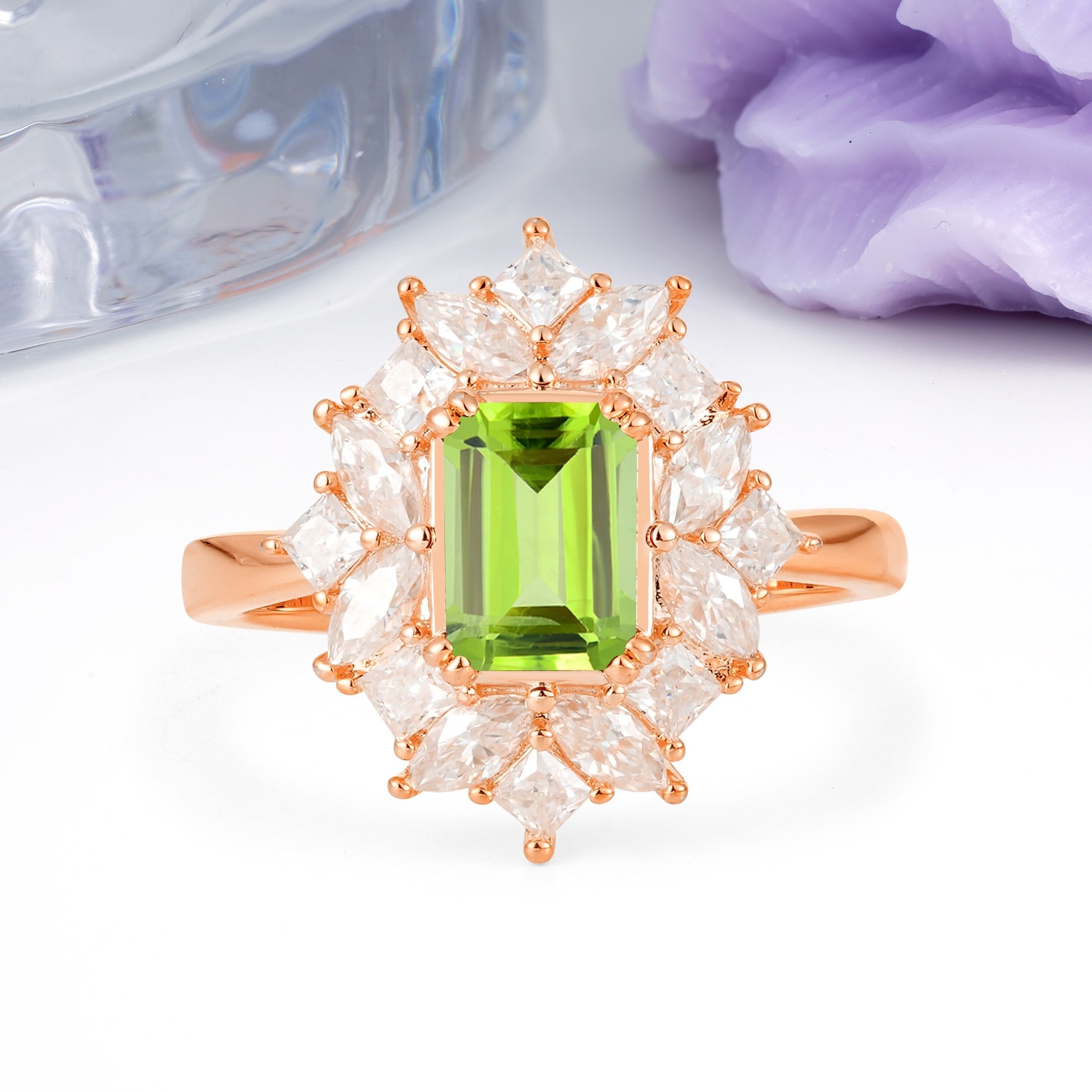 Unique & Classic 12-Prong Emerald Cut Peridot Engagement Ring - Additional view