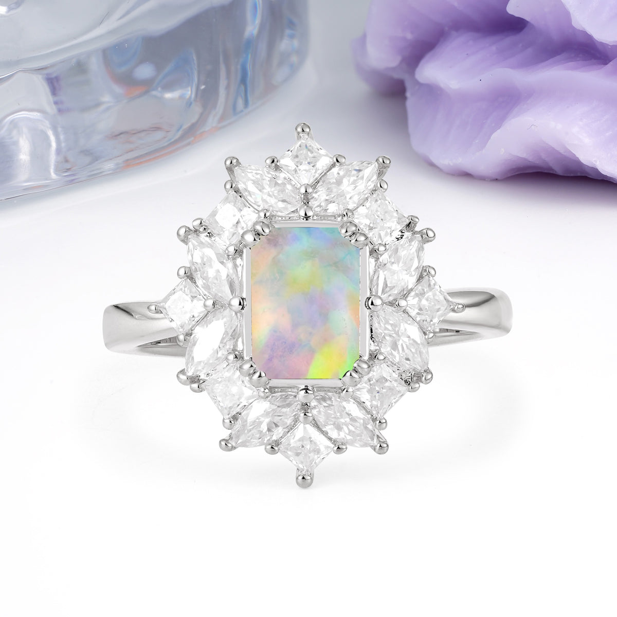 Unique & Classic 12-Prong Emerald Cut Fire Opal Engagement Ring - Additional view