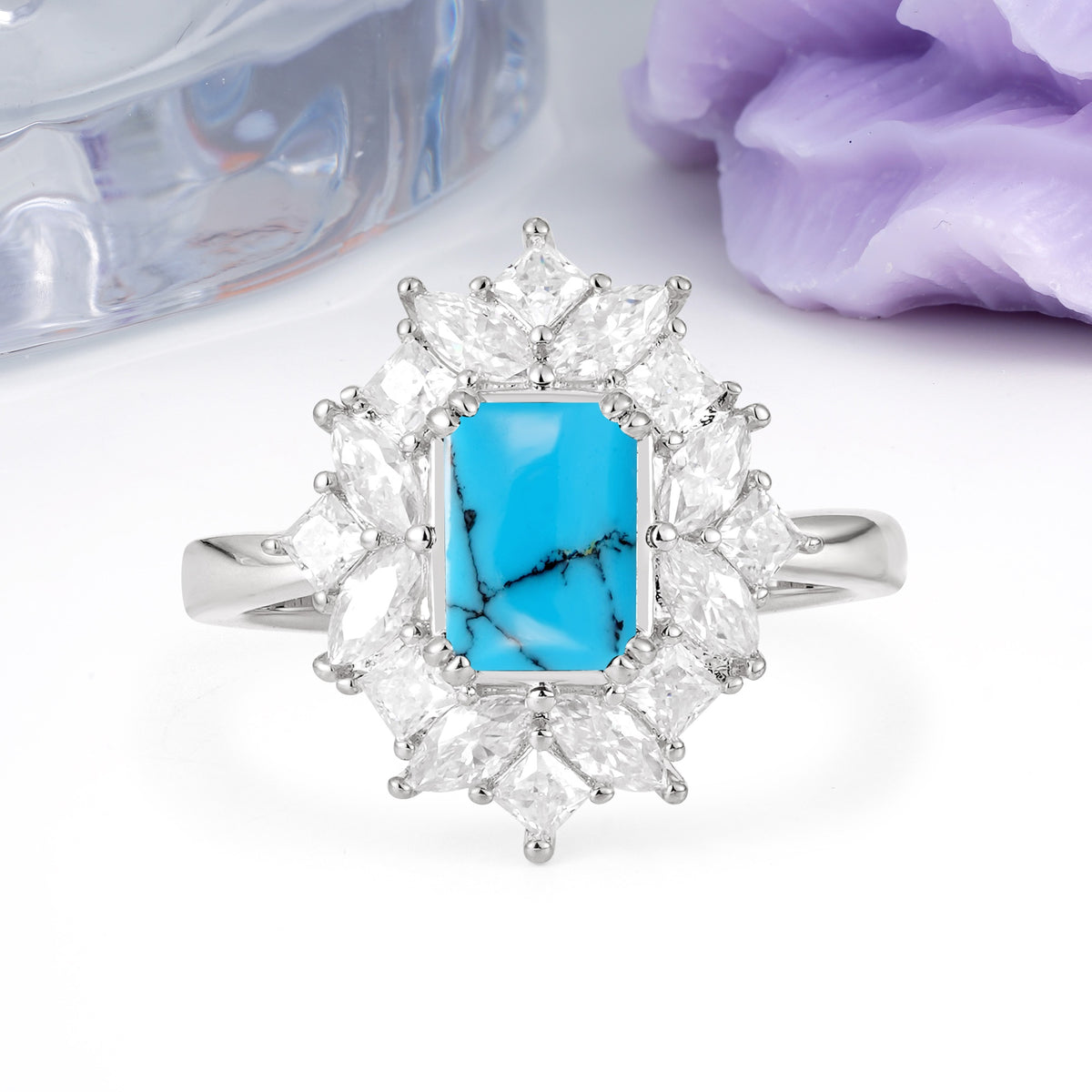 Unique & Classic 12-Prong Emerald Cut Turquoise Engagement Ring - Additional view