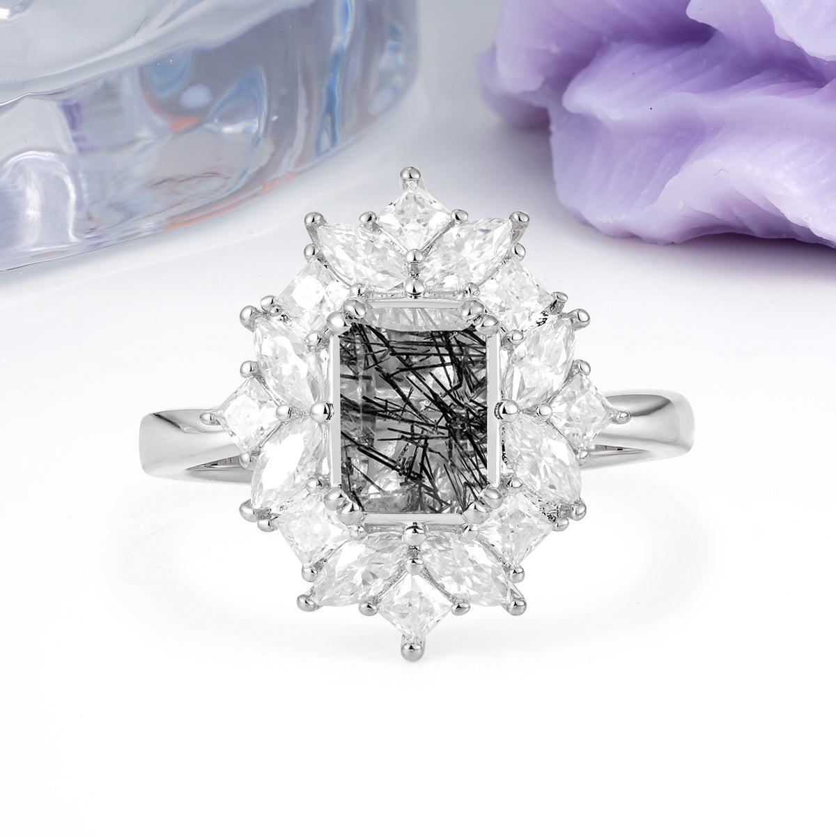 Unique & Classic 12-Prong Emerald Cut Black Rutilated Quartz Engagement Ring - Additional view