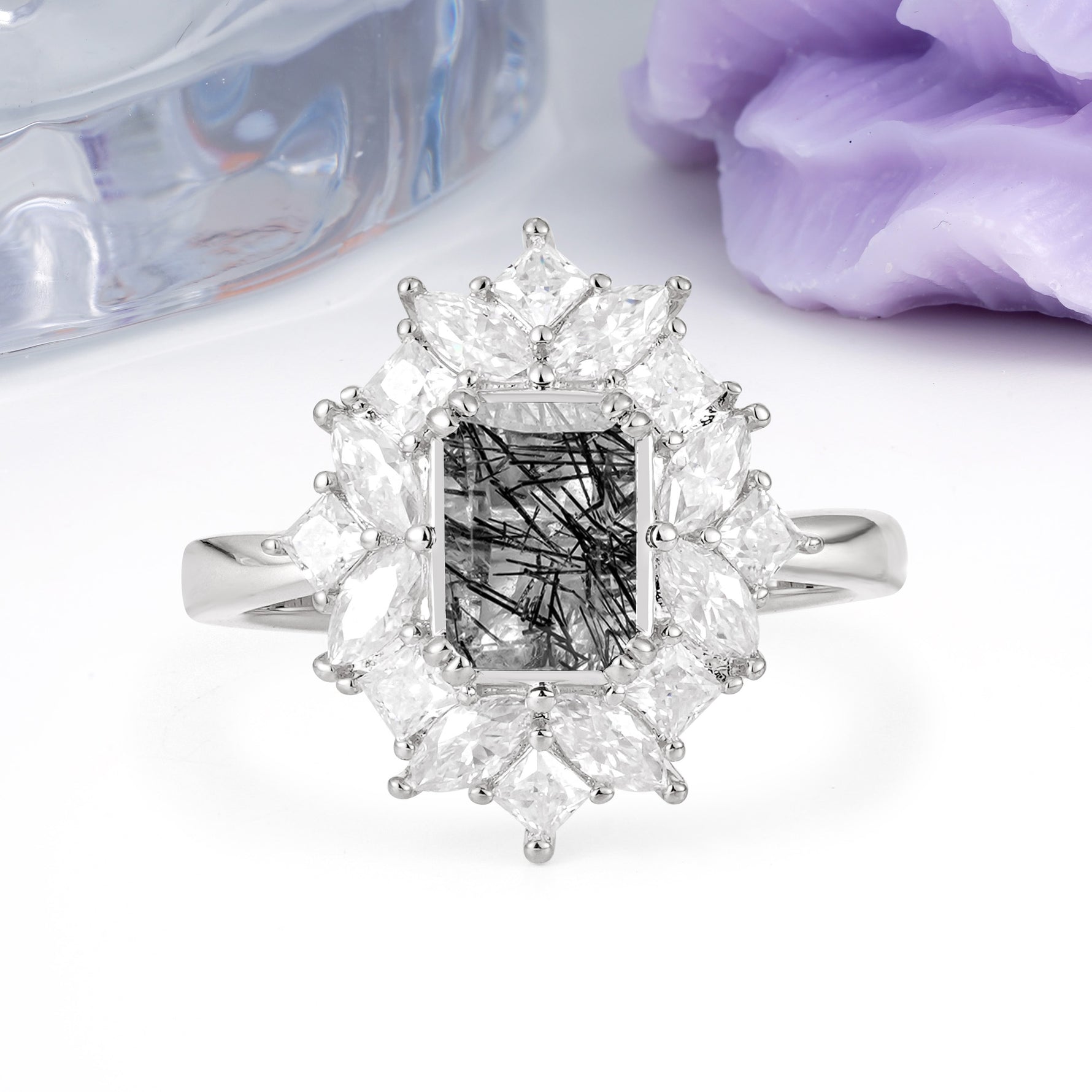 Unique & Classic 12-Prong Emerald Cut Black Rutilated Quartz Engagement Ring - Additional view