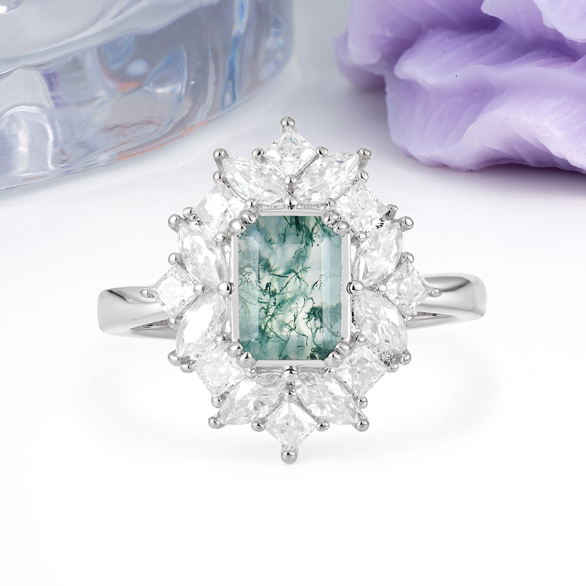 Unique & Classic 12-Prong Emerald Cut Moss Agate Engagement Ring - Additional view