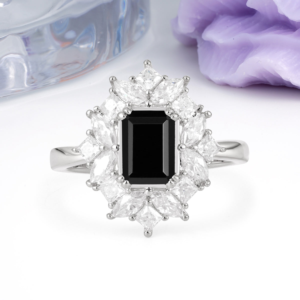 Unique & Classic 12-Prong Emerald Cut Black Onyx Engagement Ring - Additional view