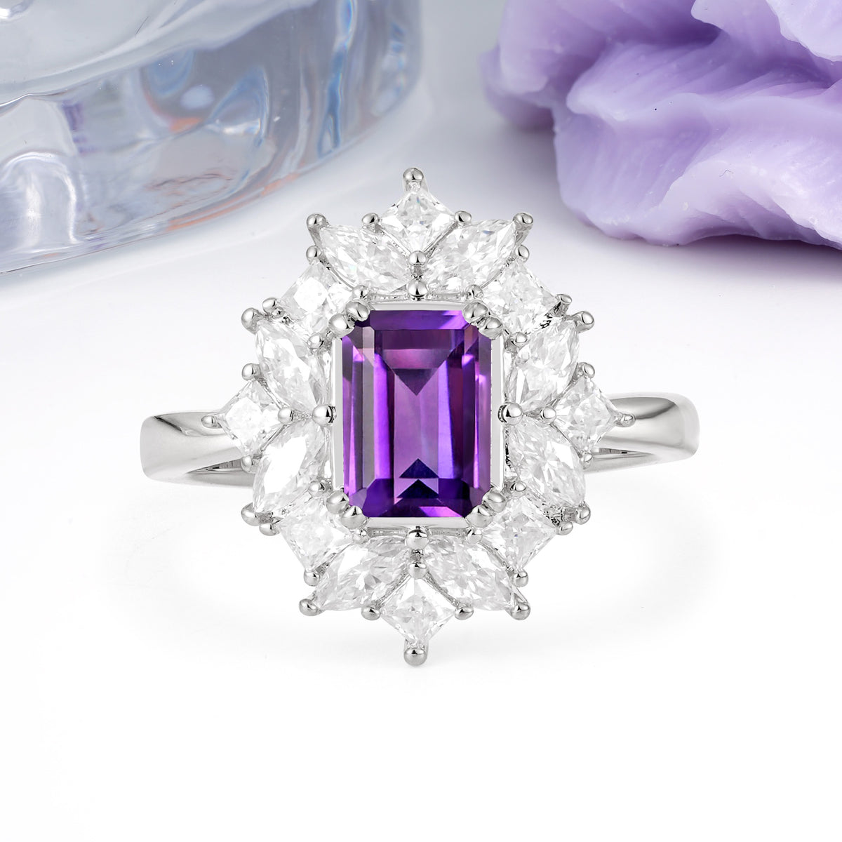 Unique & Classic 12-Prong Emerald Cut Amethyst Engagement Ring - Additional view