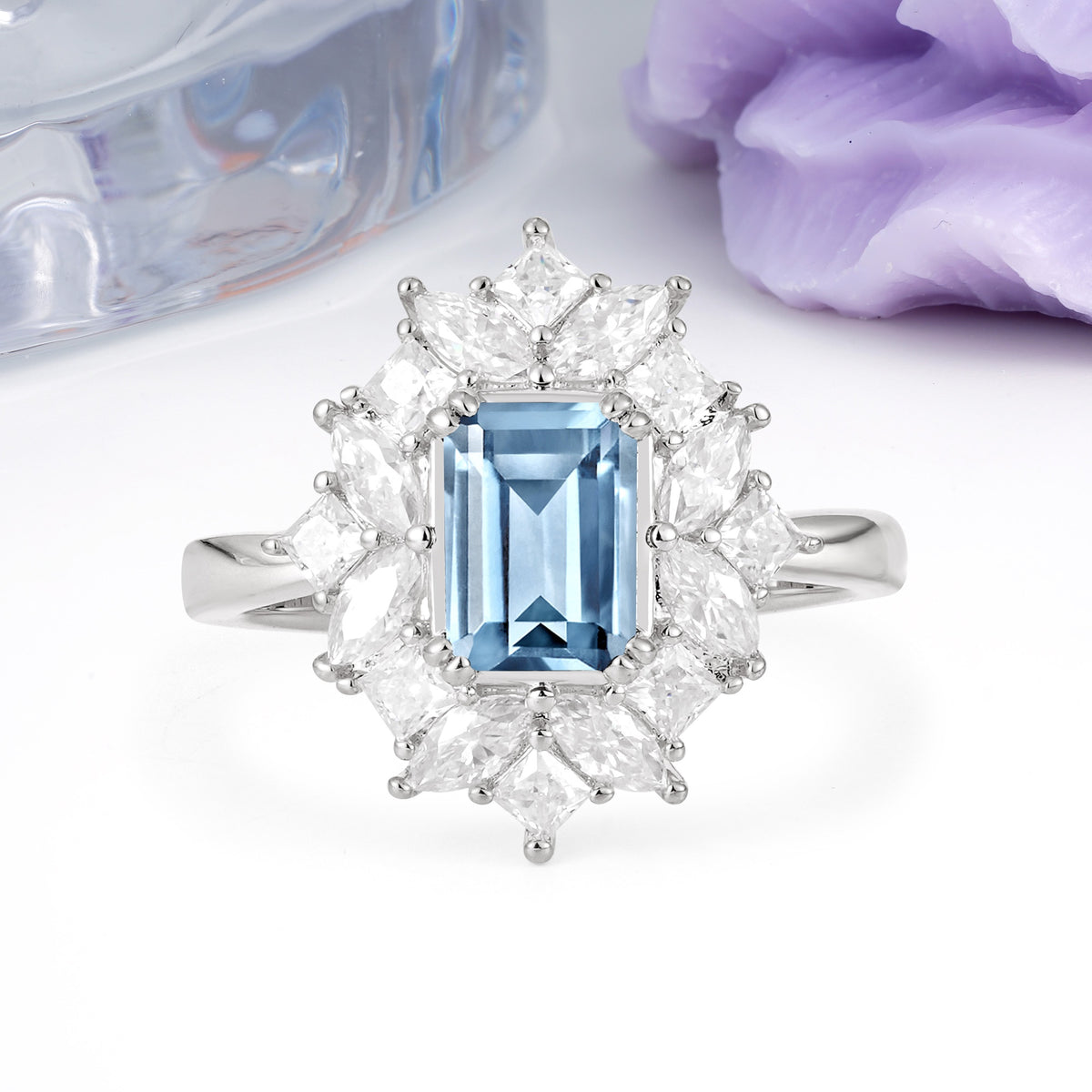 Unique & Classic 12-Prong Emerald Cut Aquamarine Engagement Ring - Additional view