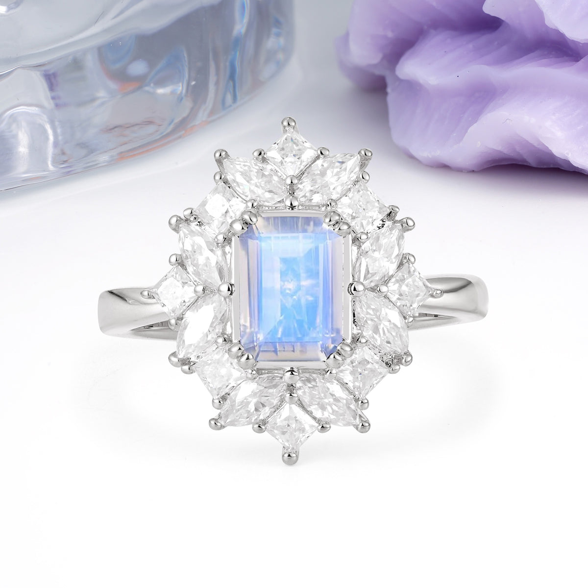Unique & Classic 12-Prong Emerald Cut Moonstone Engagement Ring - Additional view