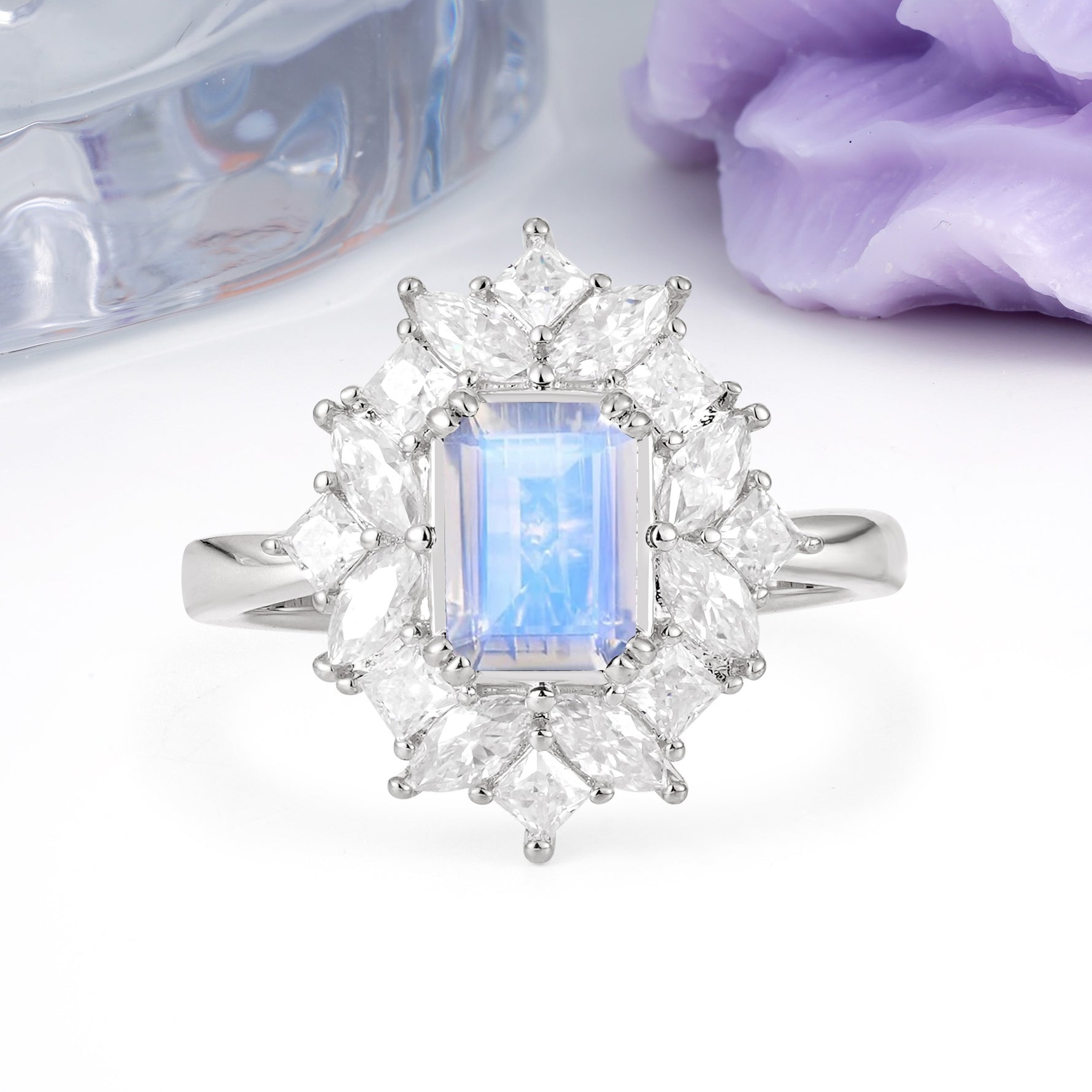 Unique & Classic 12-Prong Emerald Cut Moonstone Engagement Ring - Additional view