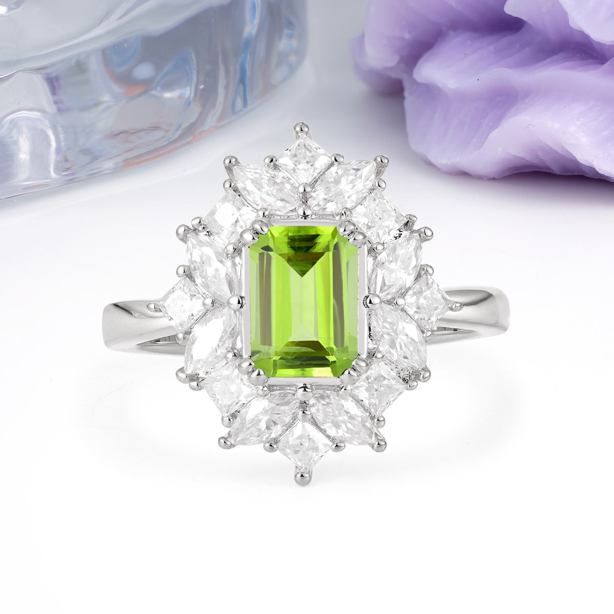 Unique & Classic 12-Prong Emerald Cut Peridot Engagement Ring - Additional view