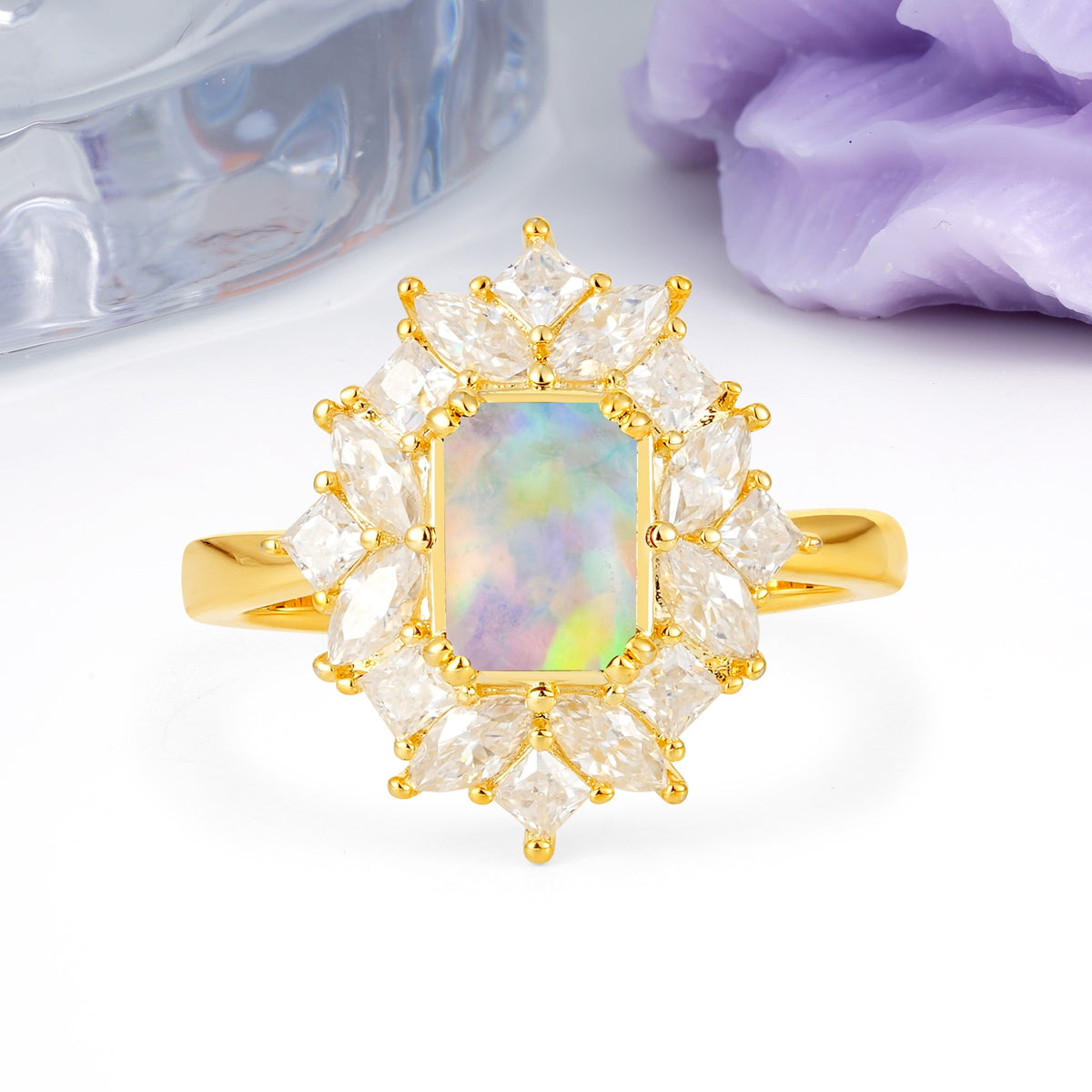 Unique & Classic 12-Prong Emerald Cut Fire Opal Engagement Ring - Additional view