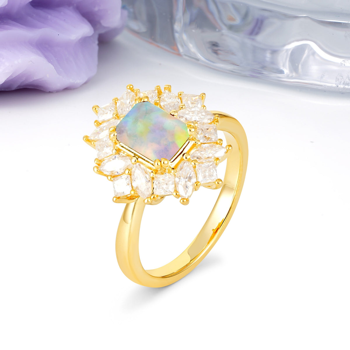 Unique & Classic 12-Prong Emerald Cut Fire Opal Engagement Ring - Additional view