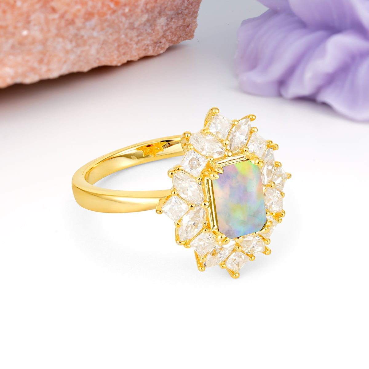 Unique & Classic 12-Prong Emerald Cut Fire Opal Engagement Ring - Additional view