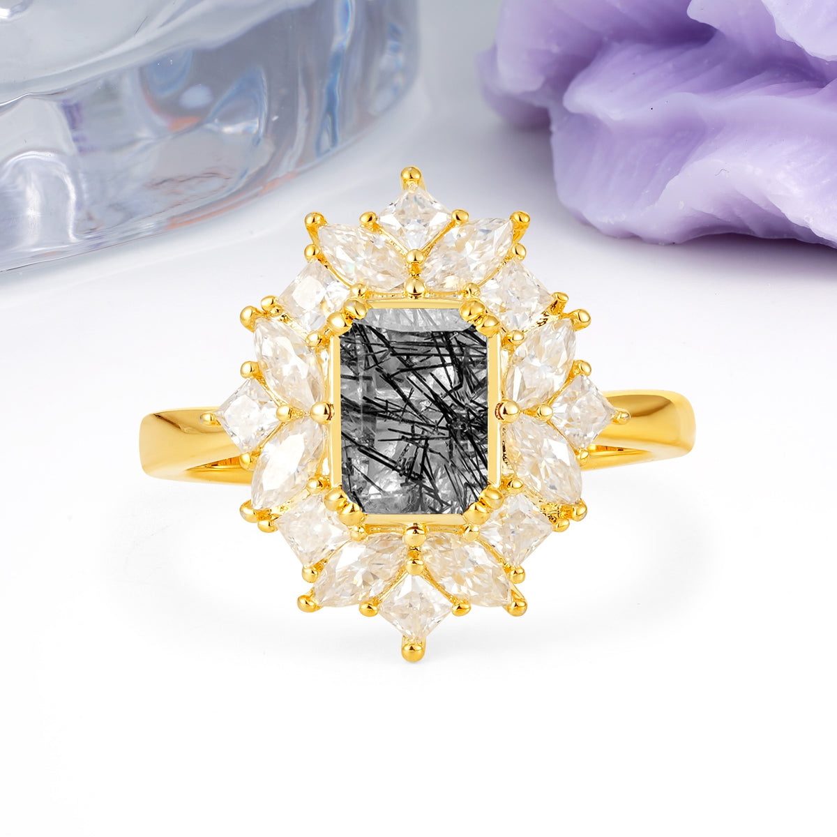 Unique & Classic 12-Prong Emerald Cut Black Rutilated Quartz Engagement Ring - Additional view