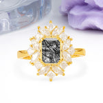 Unique & Classic 12-Prong Emerald Cut Black Rutilated Quartz Engagement Ring - Additional view
