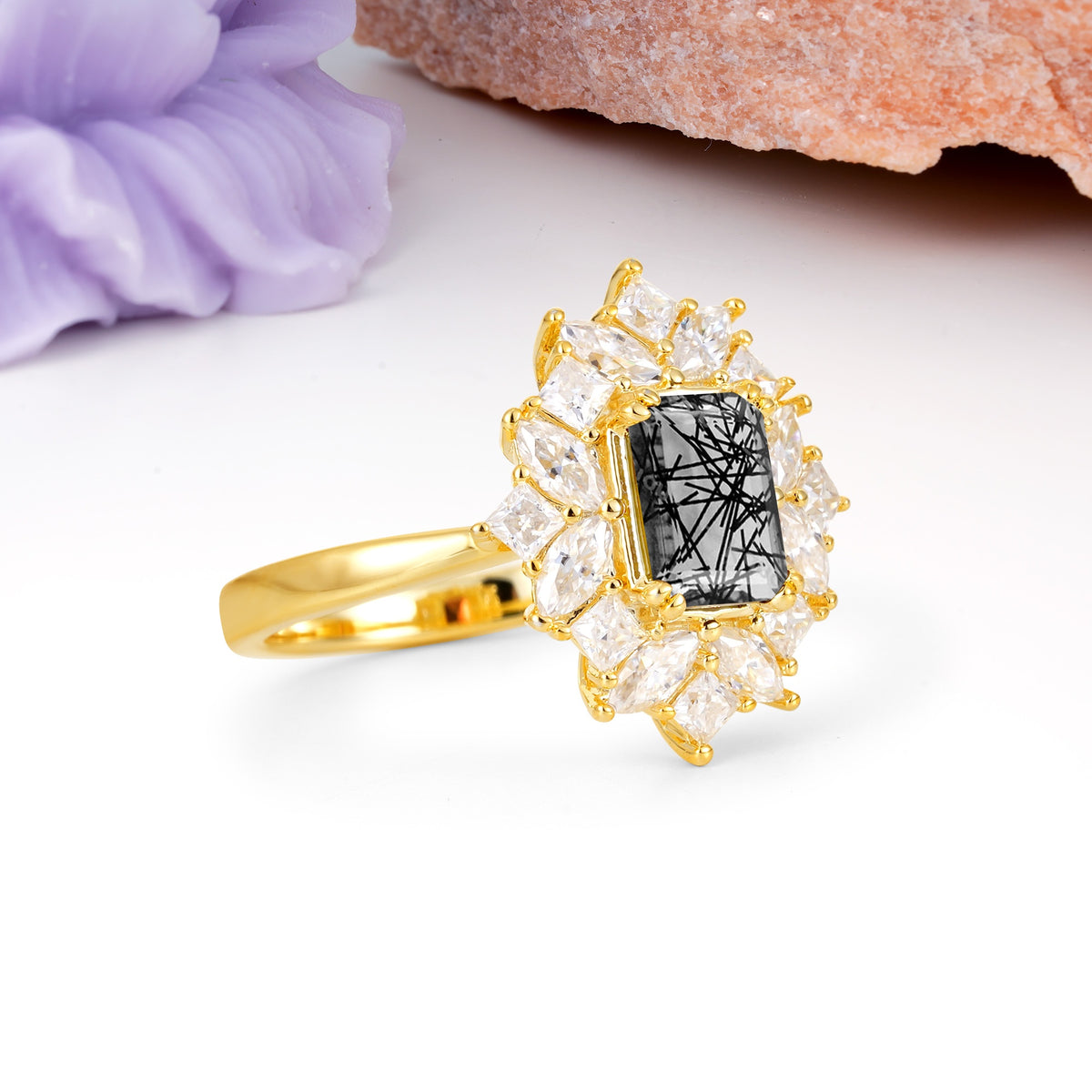 Unique & Classic 12-Prong Emerald Cut Black Rutilated Quartz Engagement Ring - Additional view