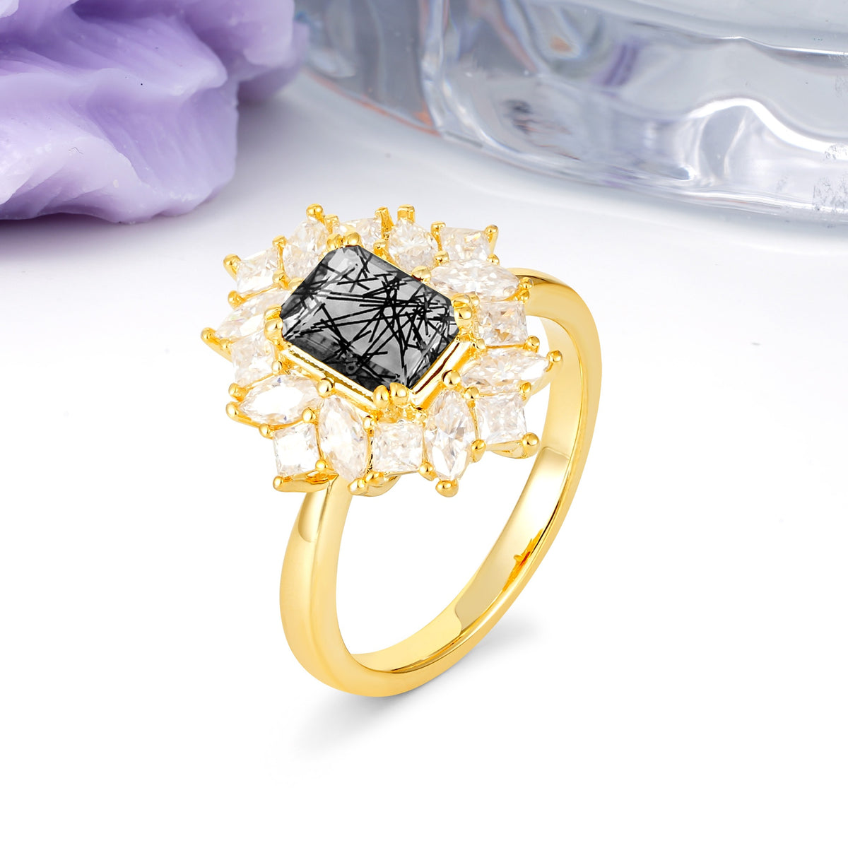 Unique & Classic 12-Prong Emerald Cut Black Rutilated Quartz Engagement Ring - Additional view