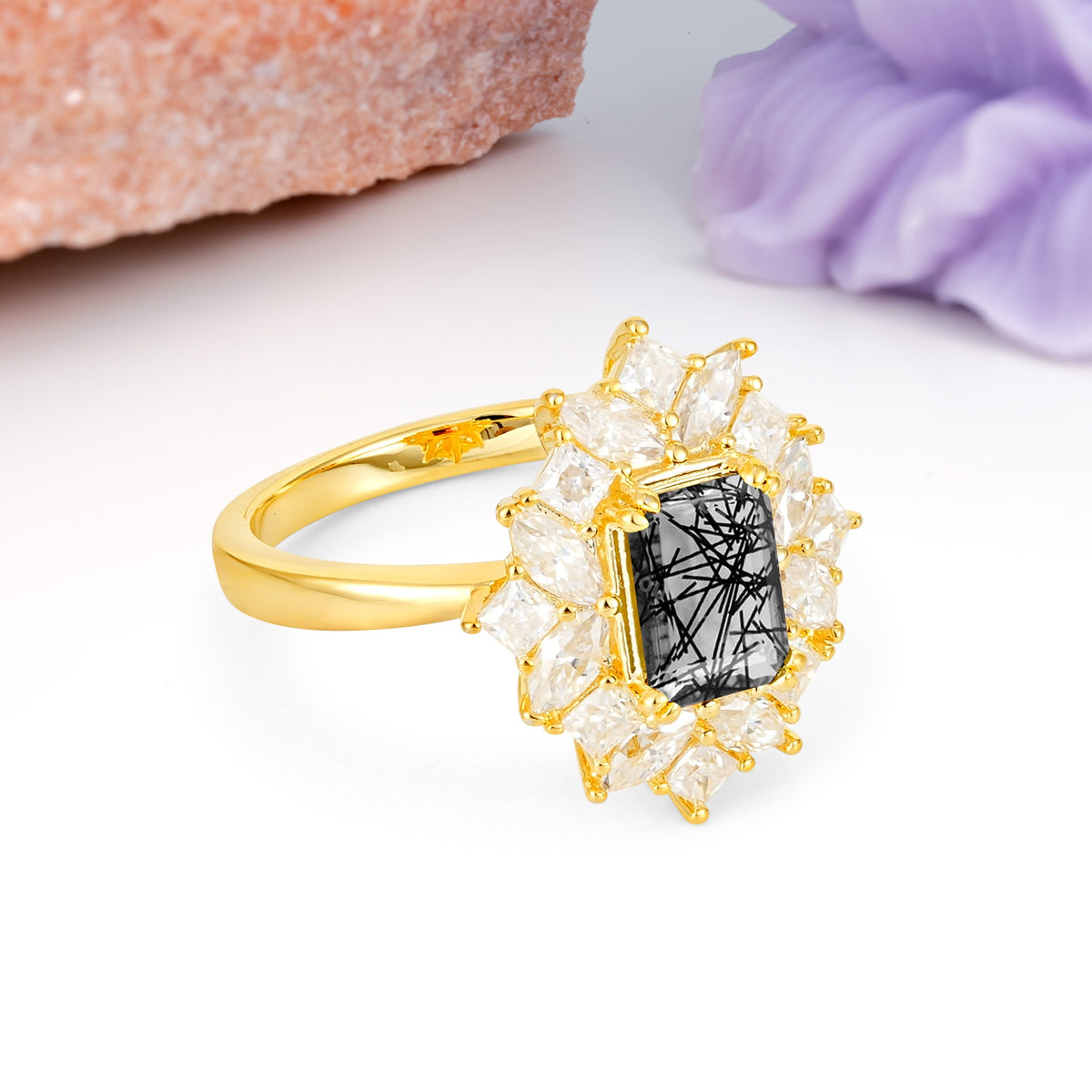 Unique & Classic 12-Prong Emerald Cut Black Rutilated Quartz Engagement Ring - Additional view