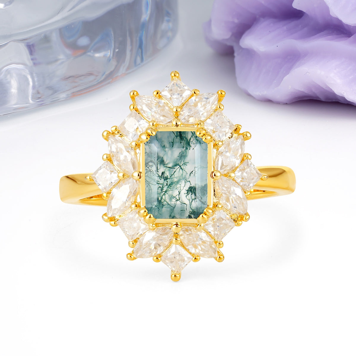 Unique & Classic 12-Prong Emerald Cut Moss Agate Engagement Ring - Additional view