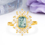 Unique & Classic 12-Prong Emerald Cut Moss Agate Engagement Ring - Additional view