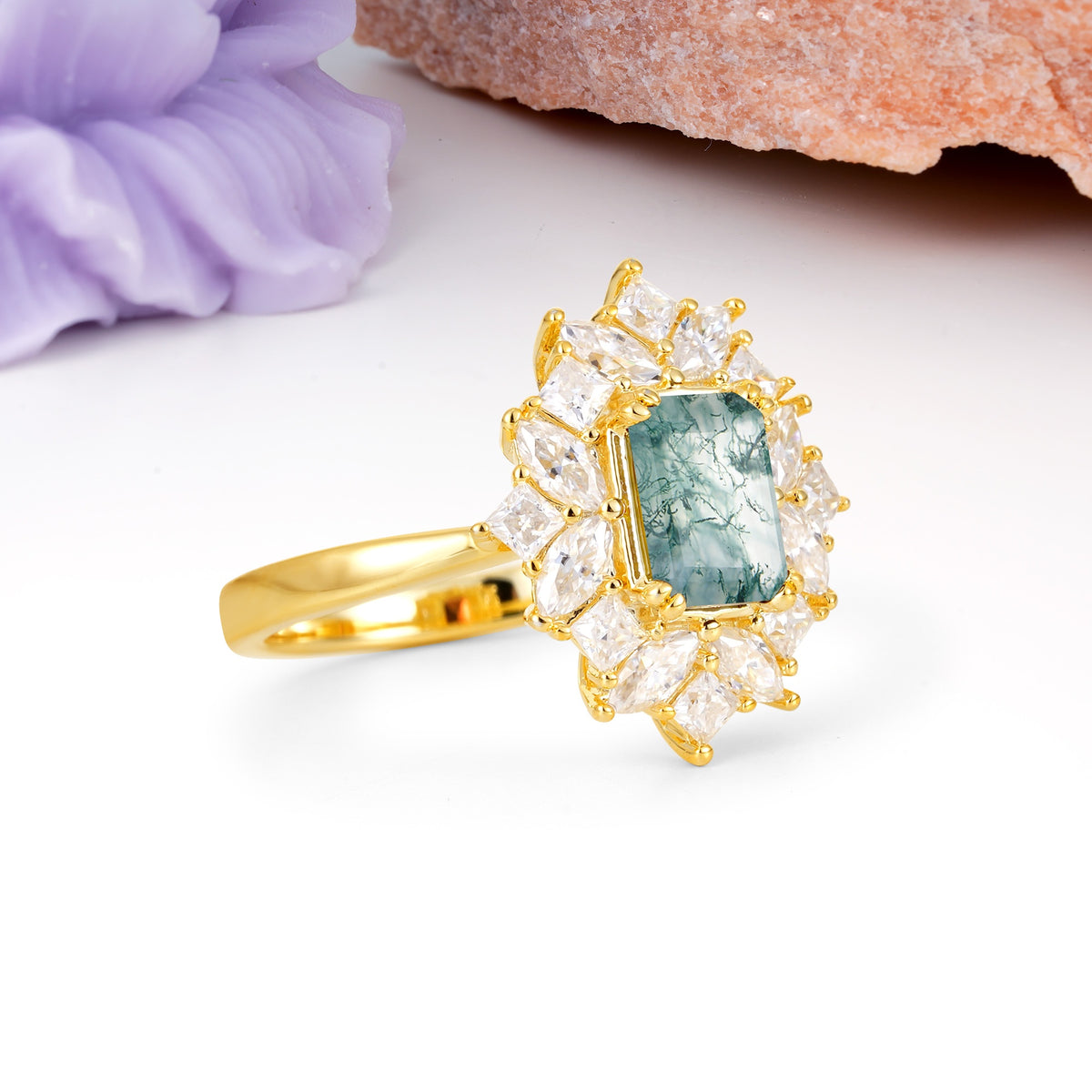 Unique & Classic 12-Prong Emerald Cut Moss Agate Engagement Ring - Additional view